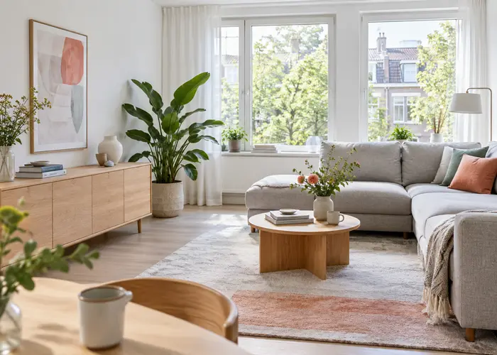 Lichte, opgeruimde woonkamer met houten dressoir, planten en een rustige zithoek.